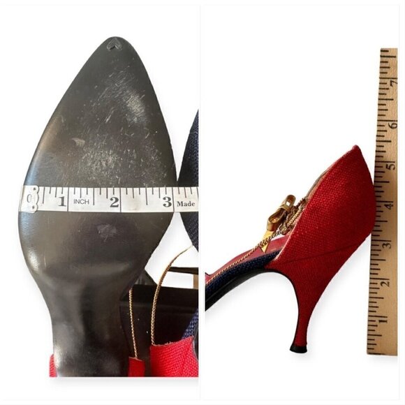Vintage Herbert Levine Red & Navy D'Orsey Pumps with Gold Chain & bow trim, 7.5B - Picture 12 of 16
